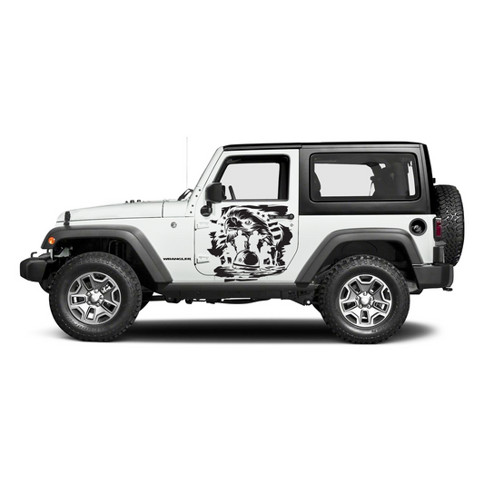 White Jeep Wrangler with a graphic design on a white background
