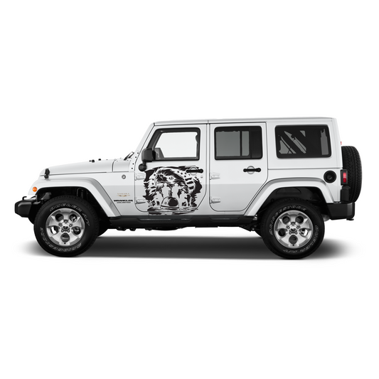 White Jeep Wrangler with a graphic on a white background