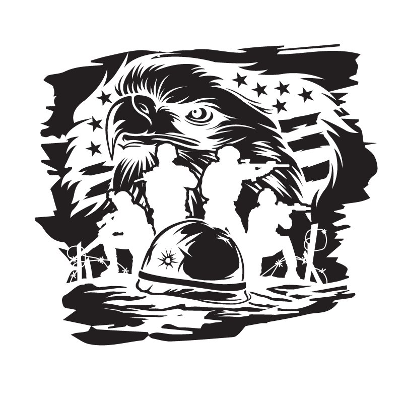 Black and white graphic with an eagle, American flag, and soldiers around a helmet on a white background