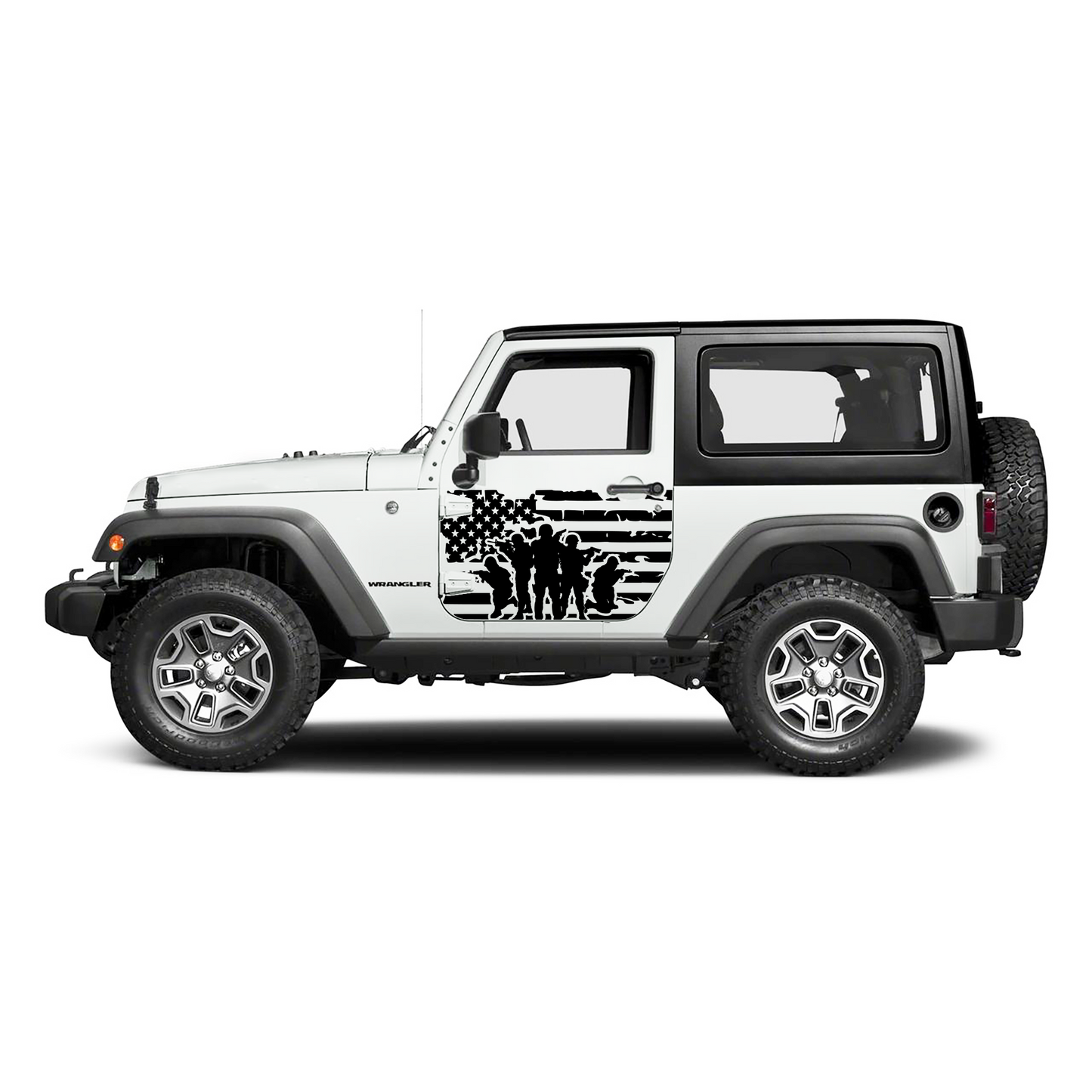 White Jeep Wrangler with American flag and soldier silhouette decal on a white background