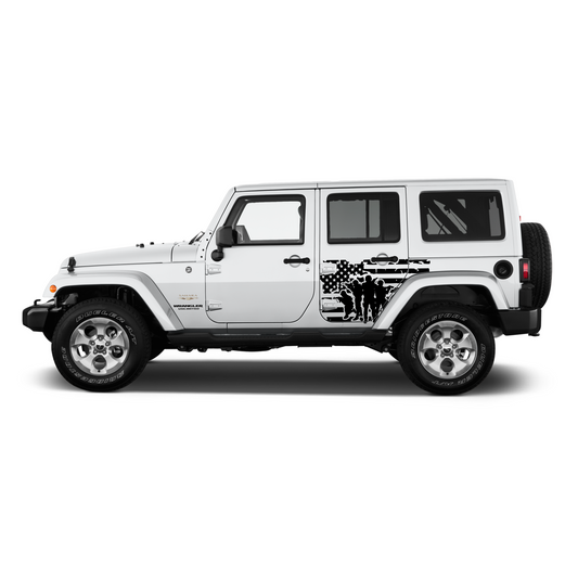 White Jeep Wrangler with a decal on the side on a white background