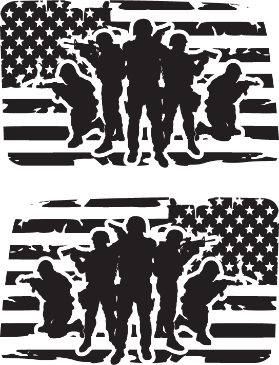 Silhouettes of soldiers on an American flag background