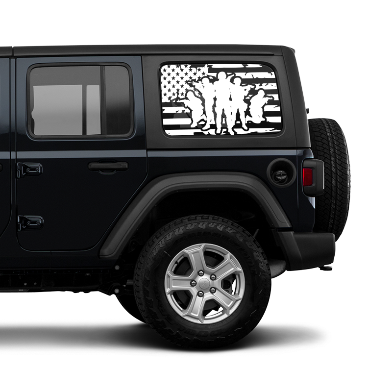Black Jeep with a window decal featuring silhouettes of soldiers and an American flag.