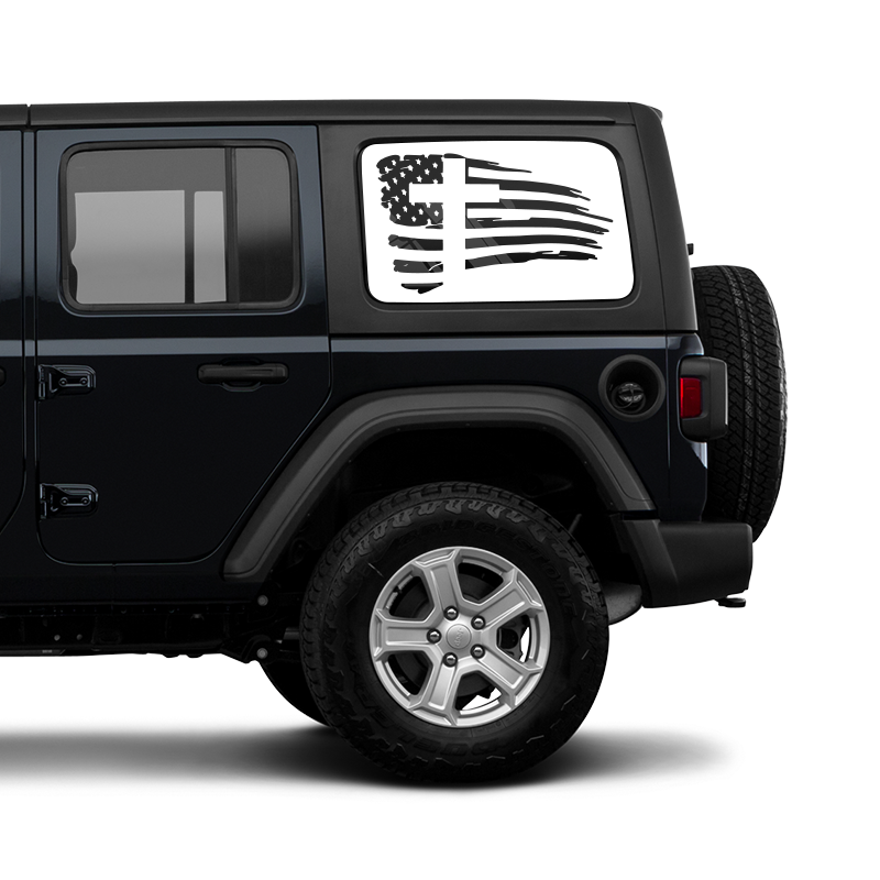 Black Jeep with an American flag decal on the window against a white background