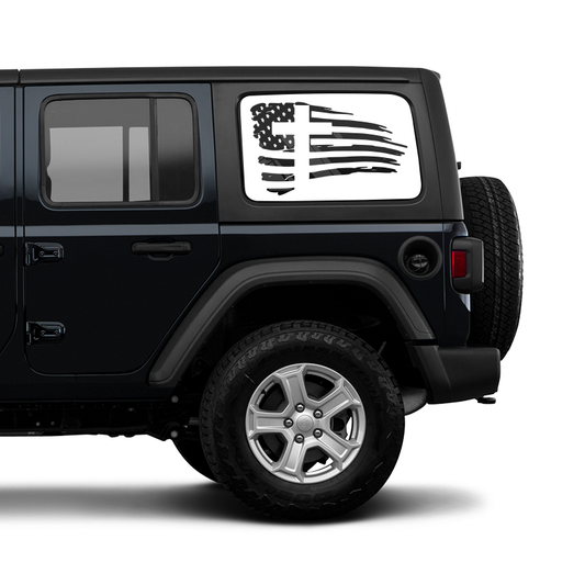 Black Jeep with an American flag decal on the window against a white background