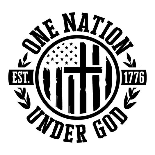 Black and white graphic with 'One Nation Under God' text and American flag design on a white background