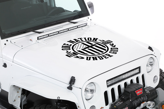 White off-road vehicle with a prominent black decal on the hood.