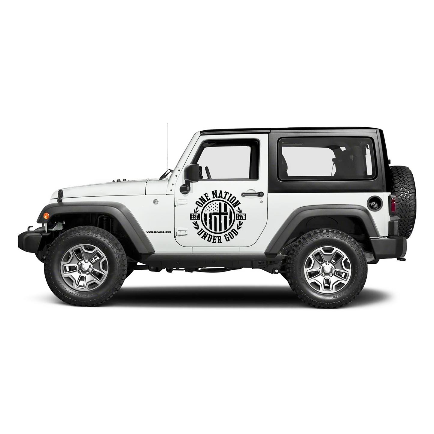 White Jeep Wrangler with a decal on a white background