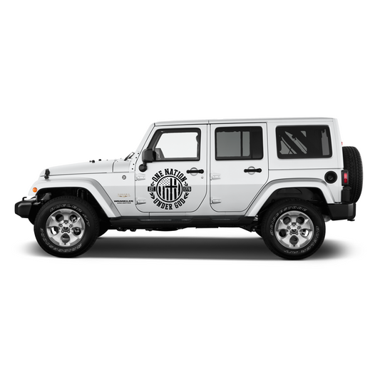 White Jeep Wrangler with a logo on the side on a white background