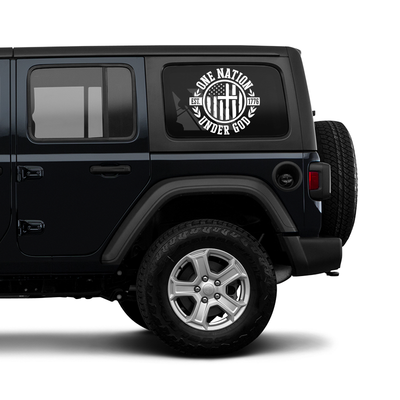 Black Jeep with a decal on the back window featuring text and an American flag.