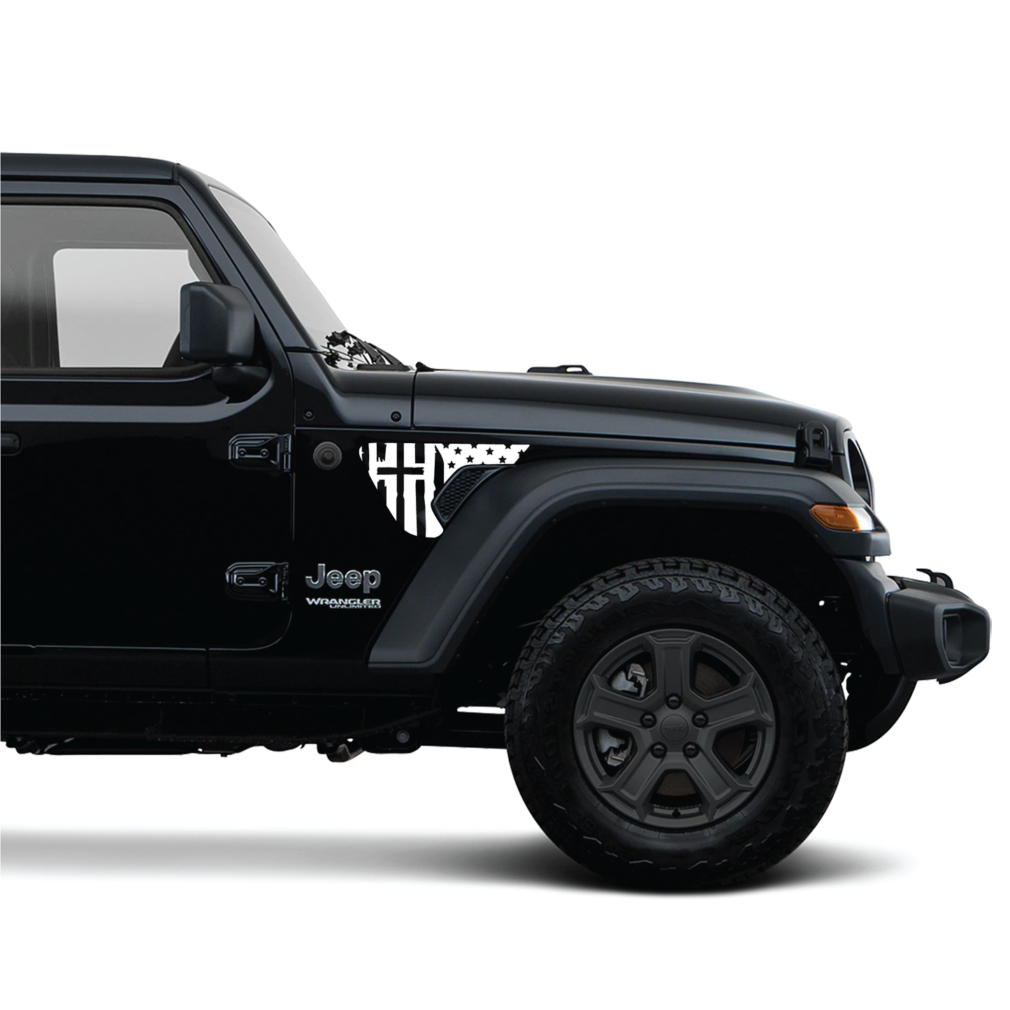 Black Jeep vehicle with a white logo on a white background