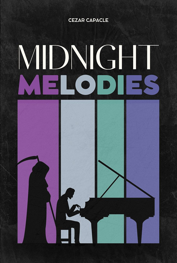 Book cover of 'Midnight Melodies' with a silhouette of a person playing a piano and a hooded figure, on a dark background.