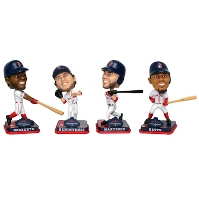 Four red sox baseball bobblehead figures on a white background
