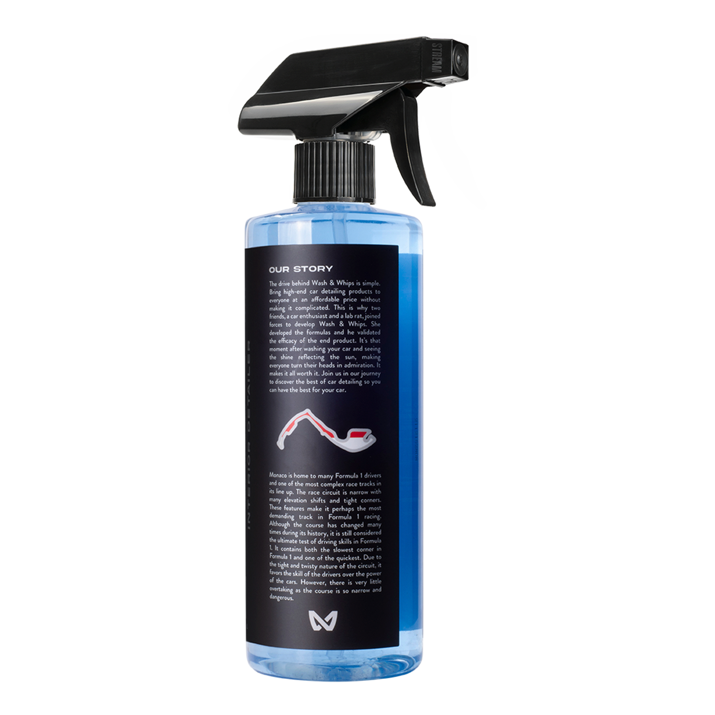 Spray bottle with black nozzle and blue label on a white background