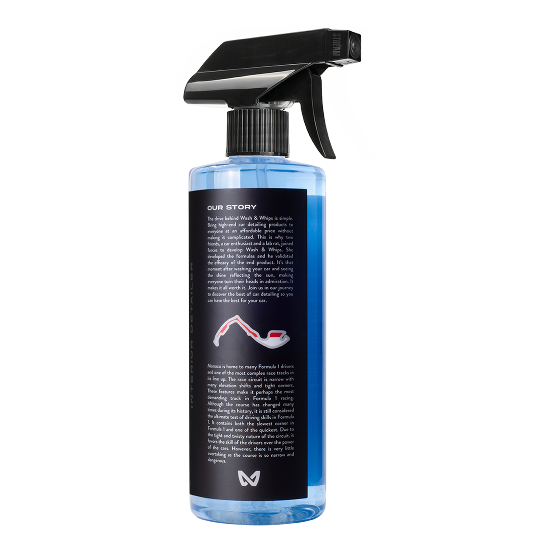 Spray bottle with black nozzle and blue label on a white background
