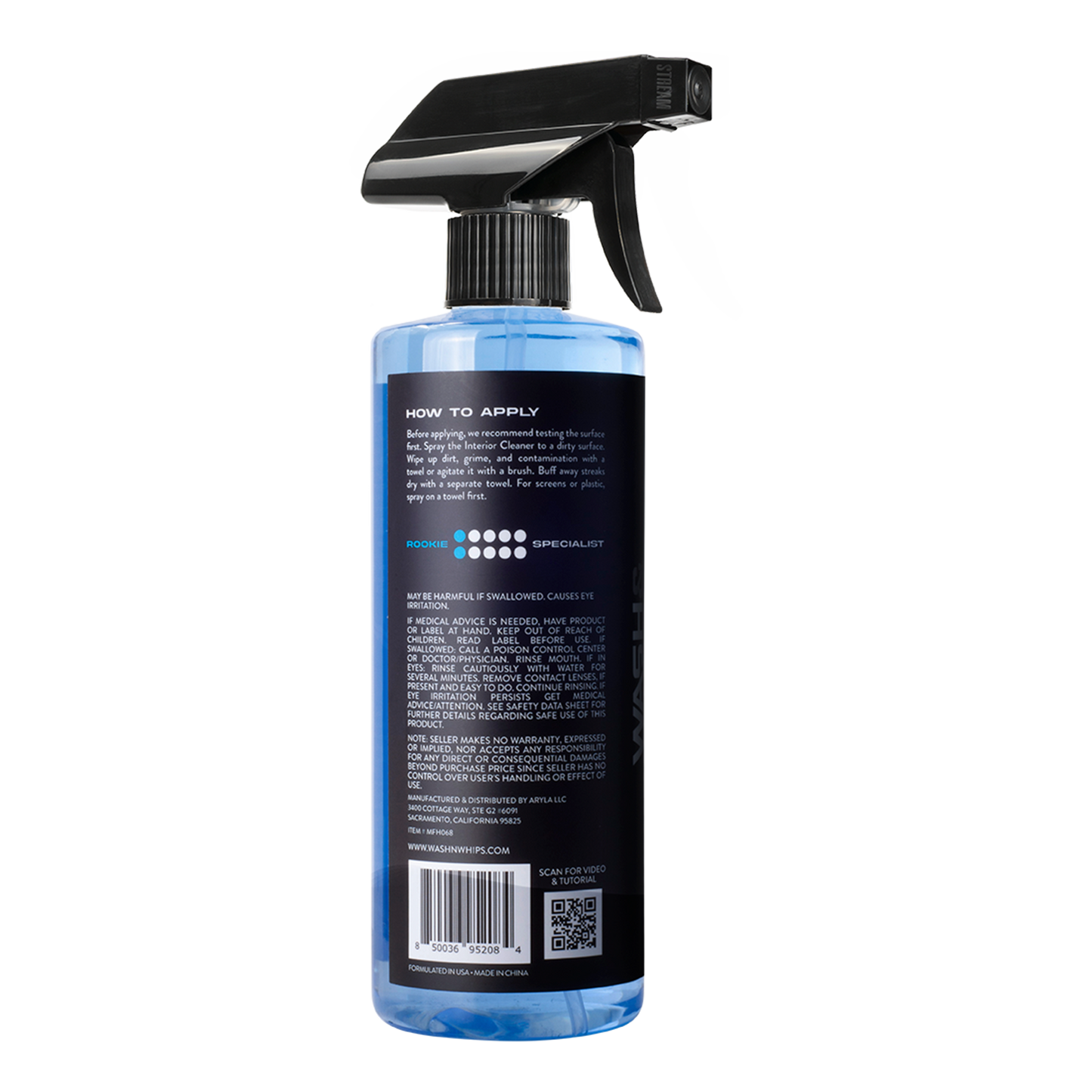 Spray bottle with blue liquid and black label on a white background