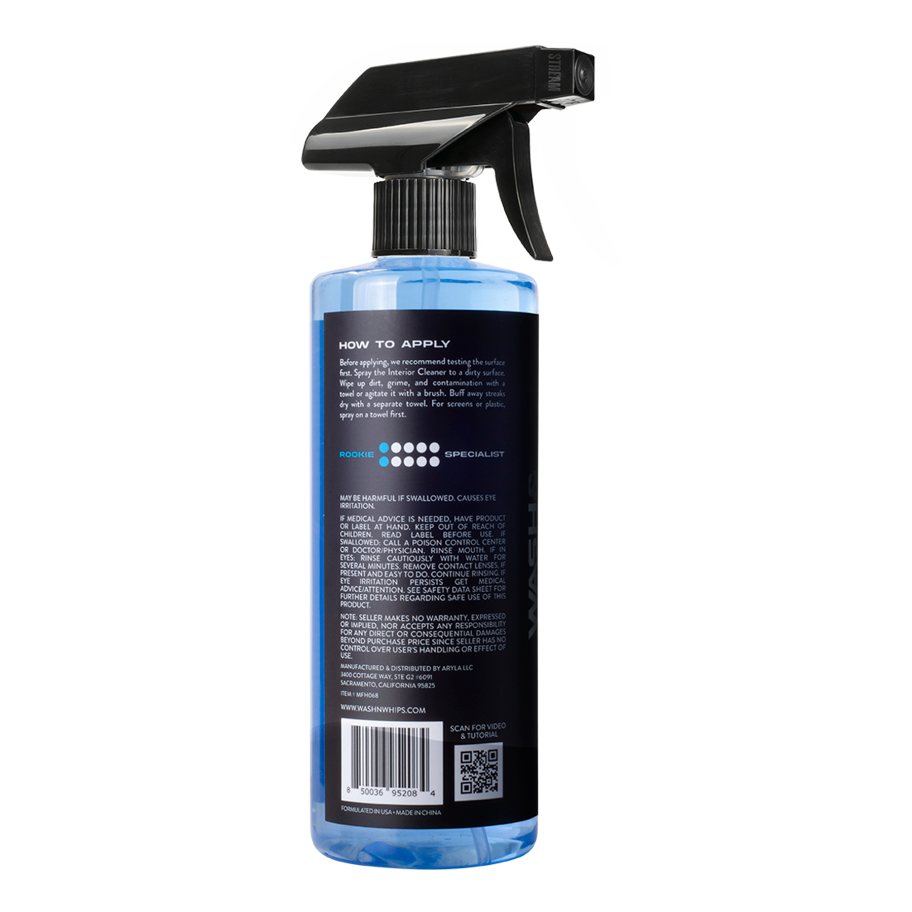 Spray bottle with blue liquid and black label on a white background
