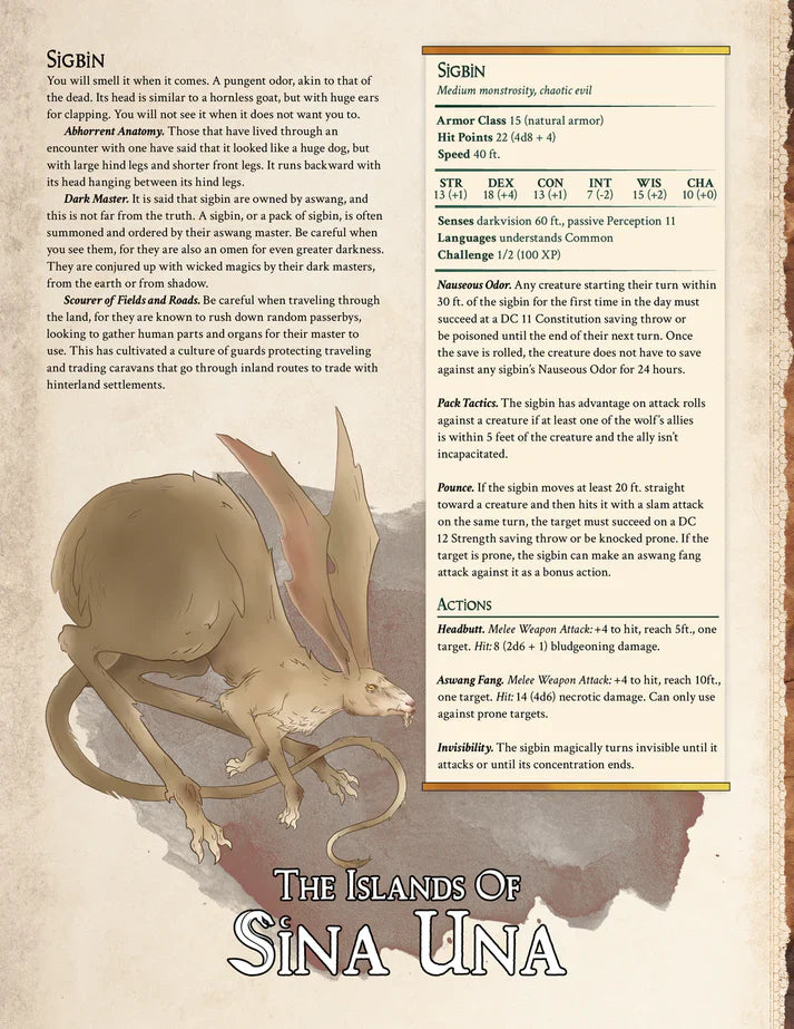 Dungeon and Dragons creature sheet for Sigrin with illustration and text on a textured background.