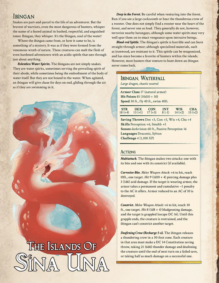 Red dragon illustration with text on a beige background, featuring 'The Islands of Sina Una' title.