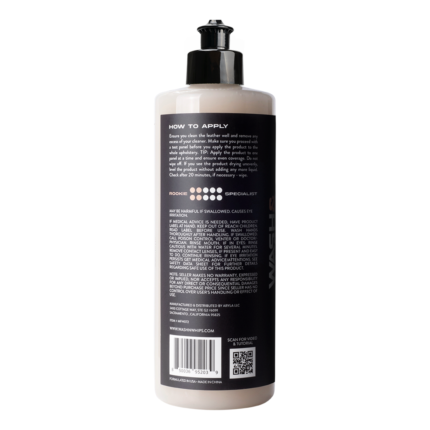 Back label of a skincare product bottle with text and a barcode on a white background