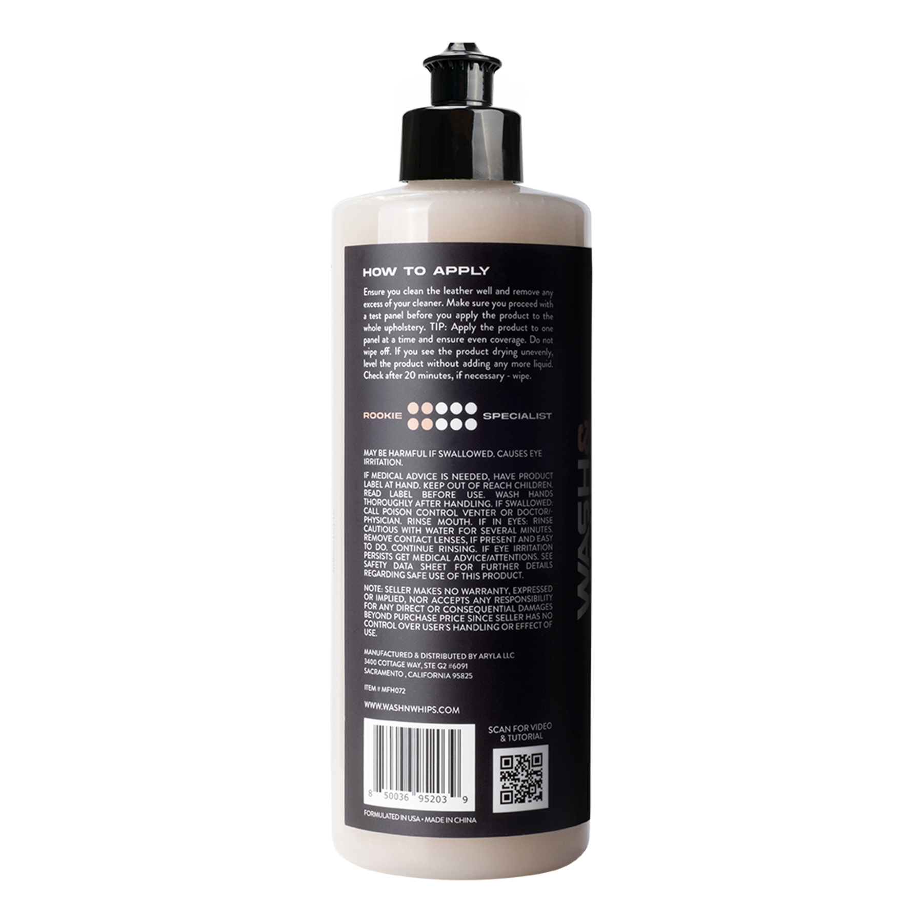 Back label of a skincare product bottle with text and a barcode on a white background