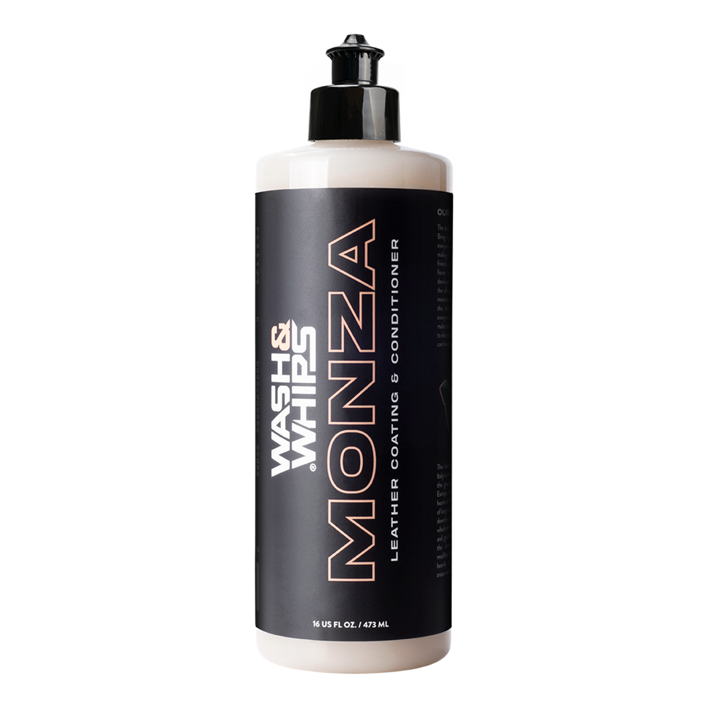 Bottle of Monza leather coating conditioner on a white background
