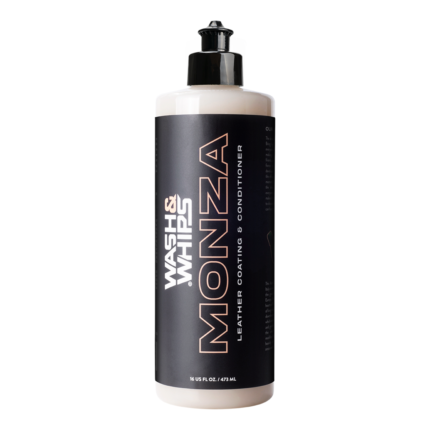 Bottle of Monza leather coating conditioner on a white background