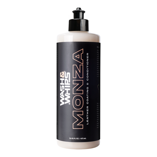 Bottle of Monza leather coating conditioner on a white background