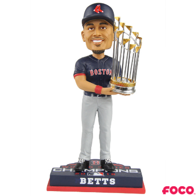 Bobblehead of a red sox baseball player holding a trophy with 'FOCO' branding on a white background