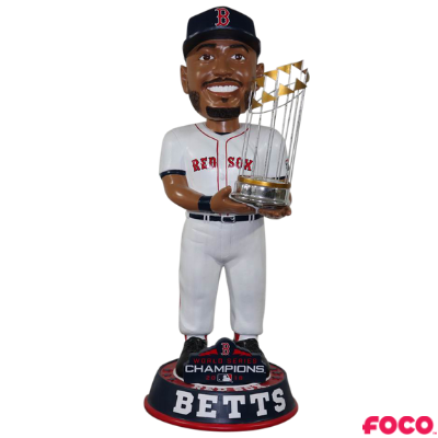 Bobblehead of a red sox baseball player holding a trophy with 'FOCO' branding on a white background