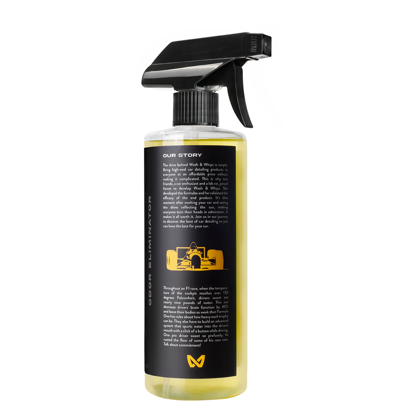 Spray bottle with black label and yellow liquid on a white background