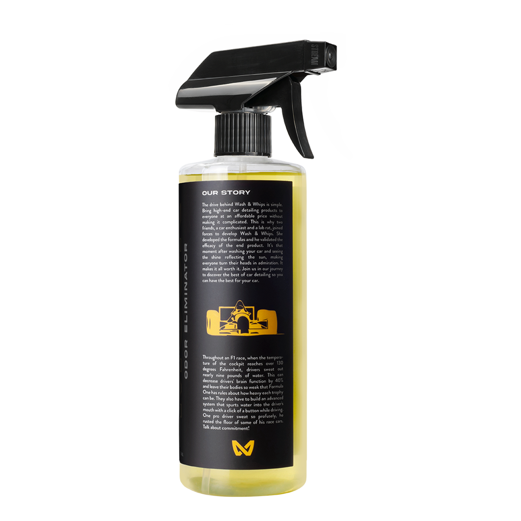 Spray bottle with black label and yellow liquid on a white background