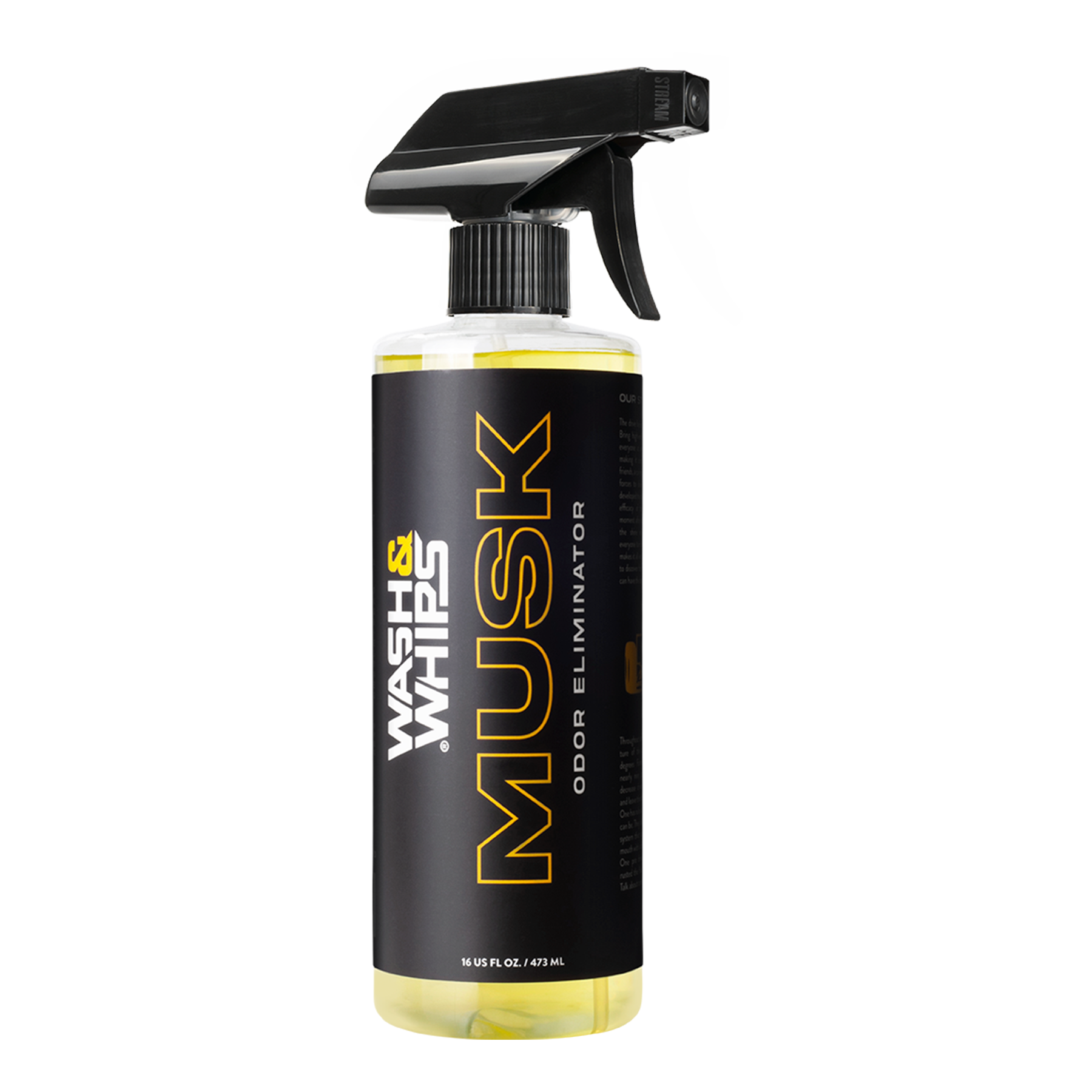 Musk odor eliminator spray bottle on a white background
