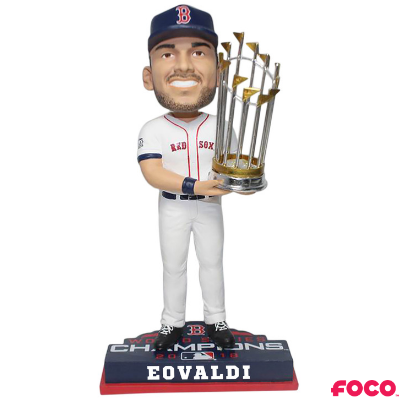 Bobblehead of a red sox baseball player holding a trophy with 'FOCO' branding on a white background