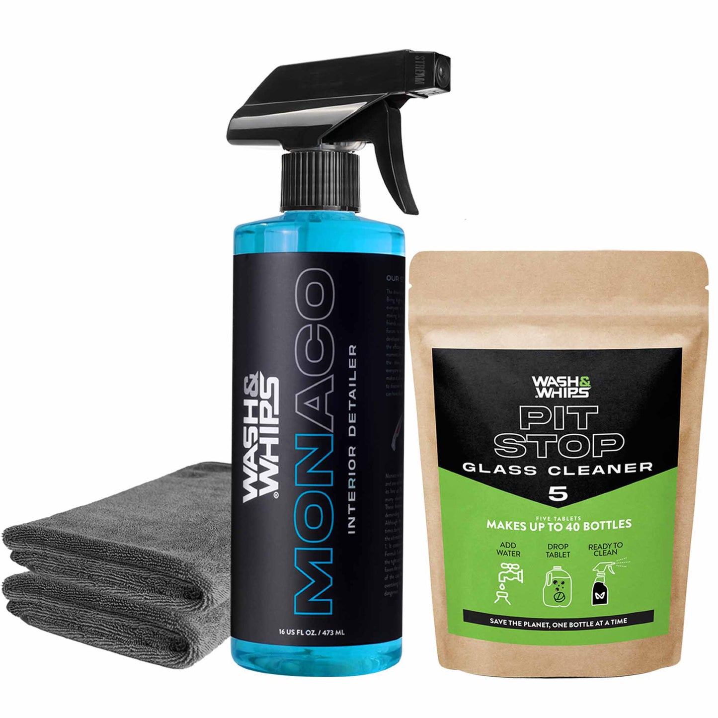 Car care products including a spray bottle, cloth, and glass cleaner package on a white background