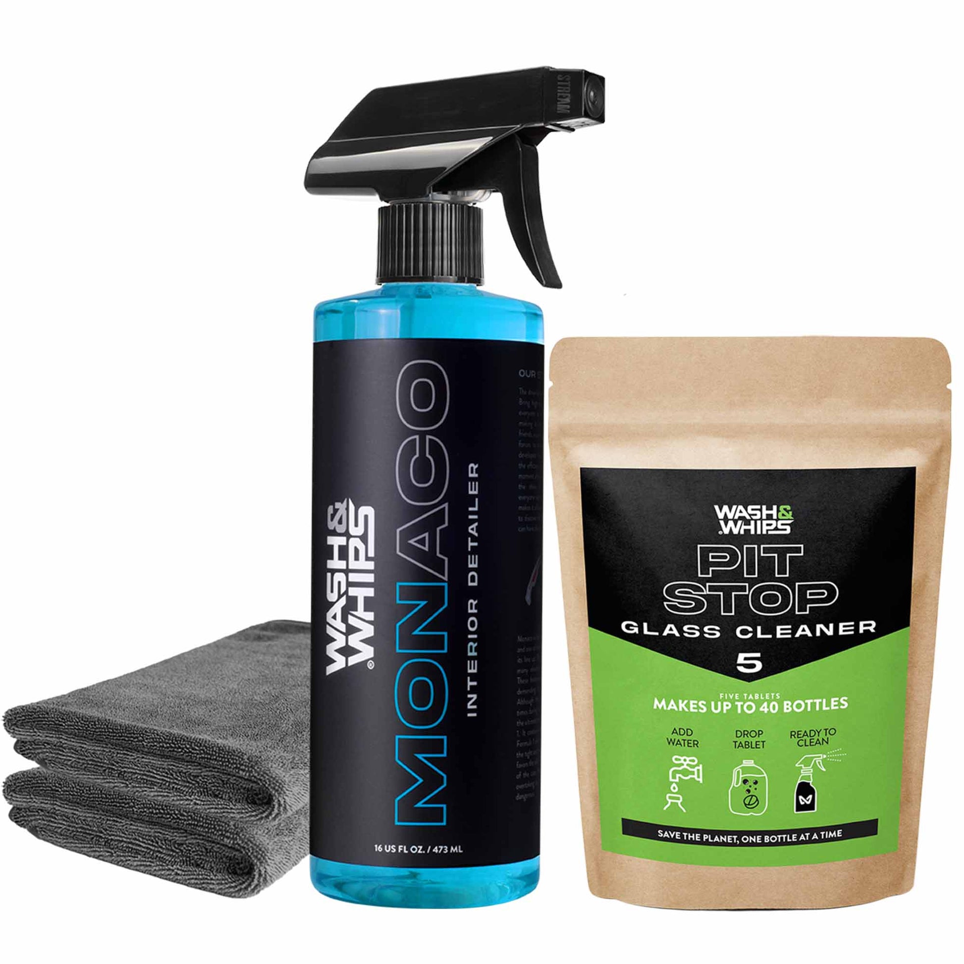 Car care products including a spray bottle, cloth, and glass cleaner package on a white background