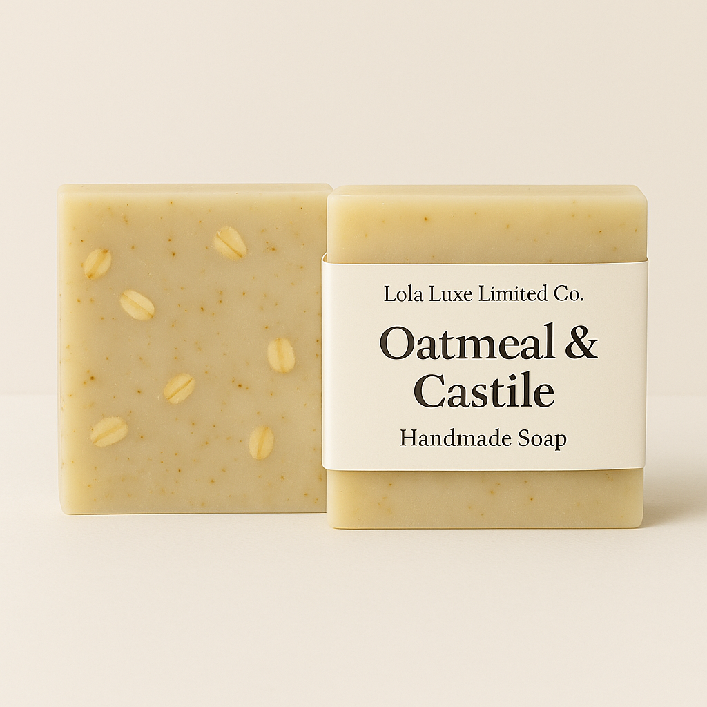 Handmade soap bar with oatmeal pieces and a label on a beige background