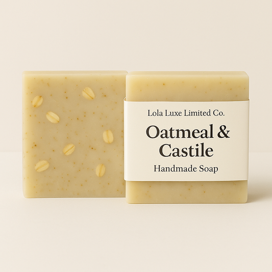 Handmade soap bar with oatmeal pieces and a label on a beige background
