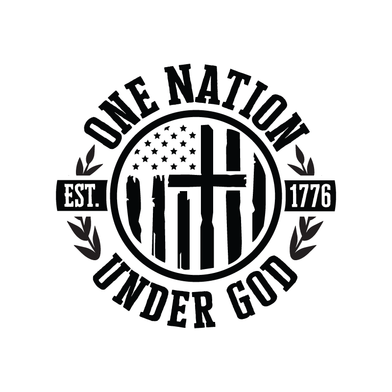 Black and white graphic with 'One Nation Under God' text and American flag design on a white background