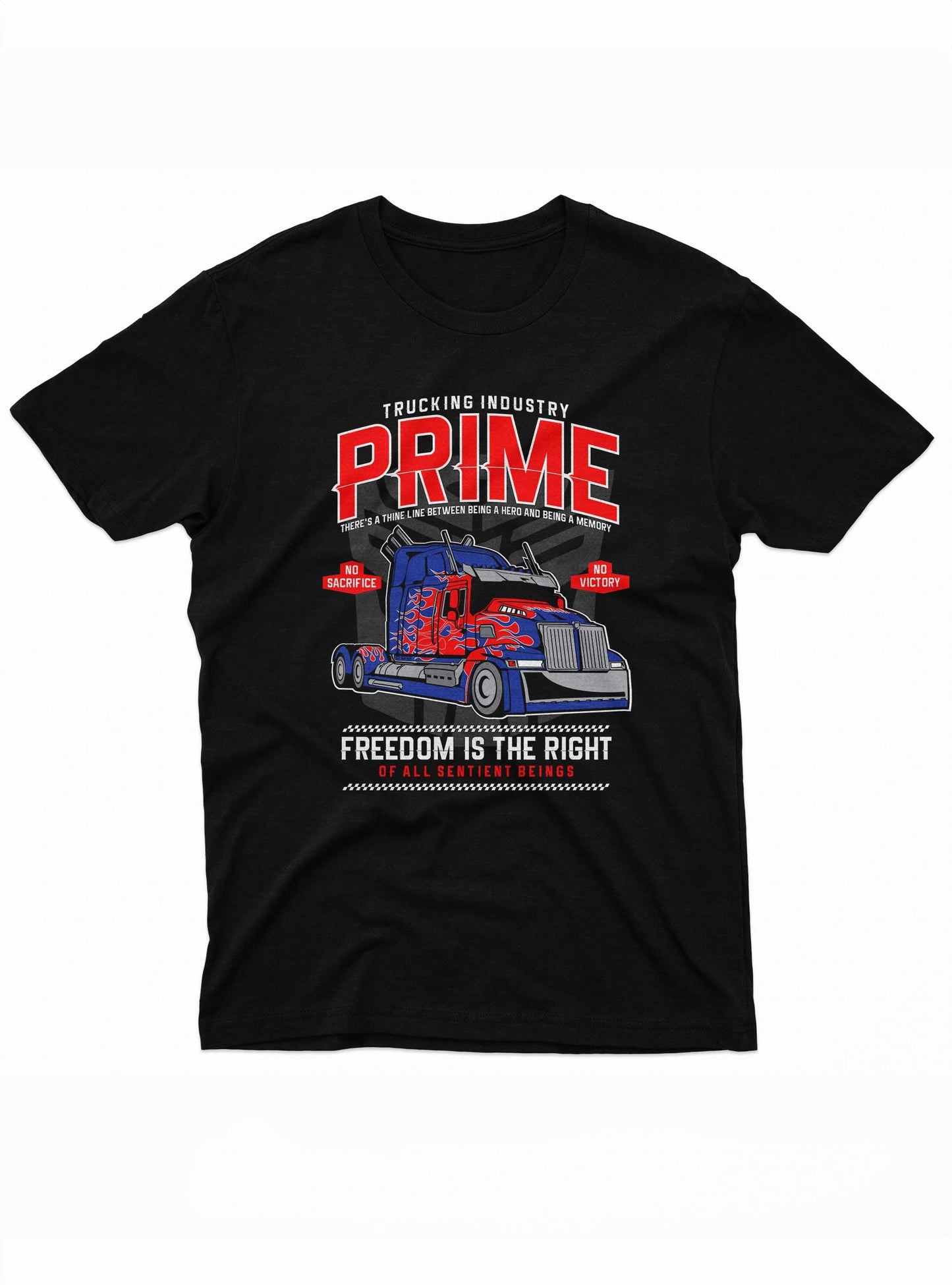 Black t-shirt with a red and blue truck graphic and text on a white background
