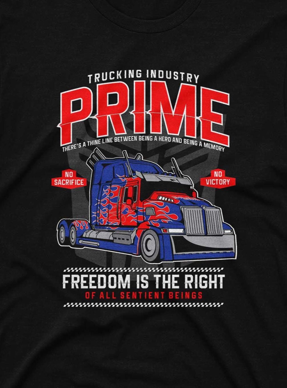 Black t-shirt with red and blue truck graphic and text on a black background
