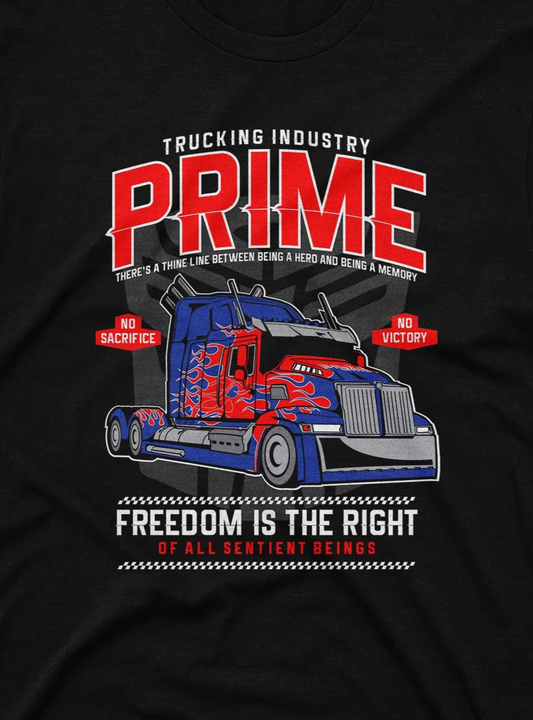 Black t-shirt with red and blue truck graphic and text on a black background