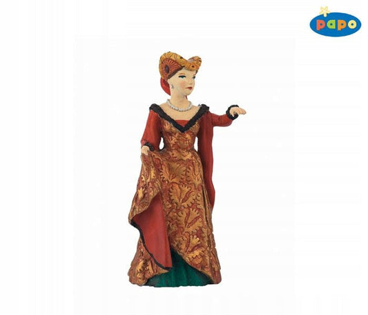 Decorative figurine of a woman in a colorful dress with a brand logo in the corner.