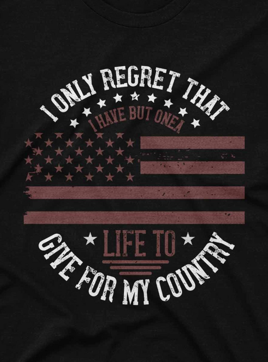 Black t-shirt with American flag design and text on a dark background