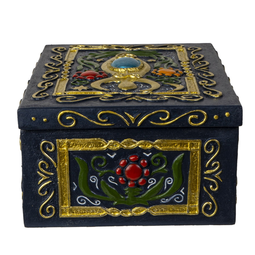 Decorative box with intricate gold and blue designs on a white background