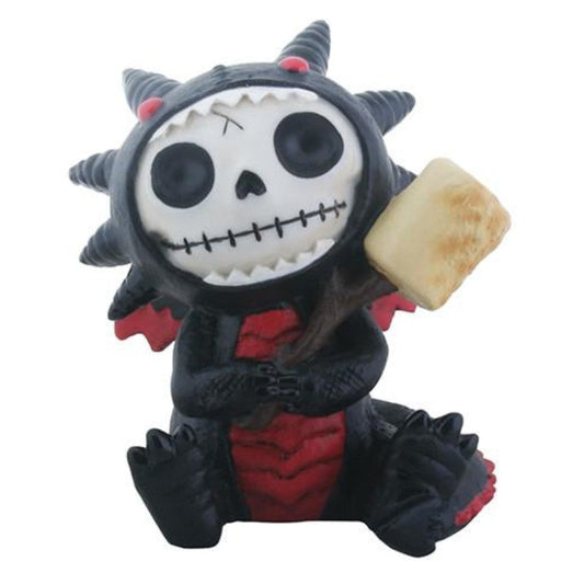 Skeleton-like figurine with red accents and a white face holding a piece of bread on a white background