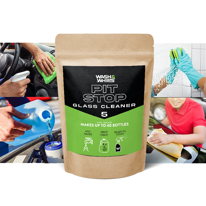 Pit Stop Glass Cleaner packaging with usage scenarios on a white background
