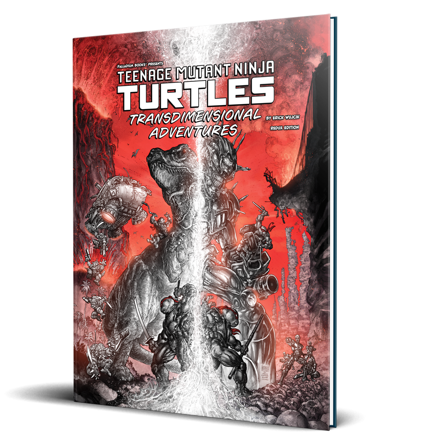 Book cover of 'Teenage Mutant Ninja Turtles Transdimensional Adventures' with red and black design.