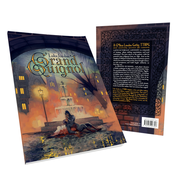 Book cover and back cover of 'The Grand Quignol' with a cityscape illustration.