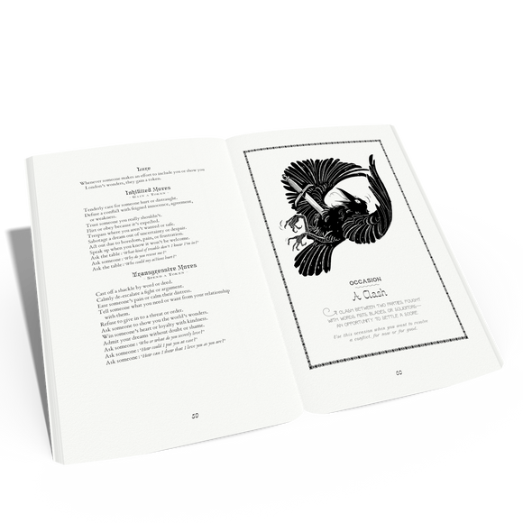 Open book with black and white illustration of a rooster on a white background